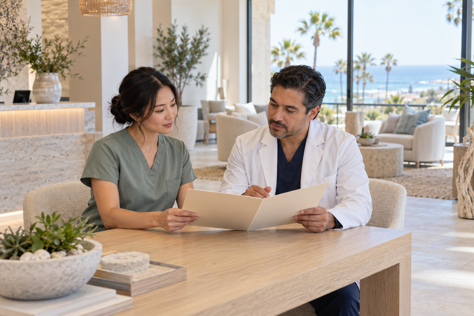 Illustrative nurse and supervising physician in a medical-spa lobby