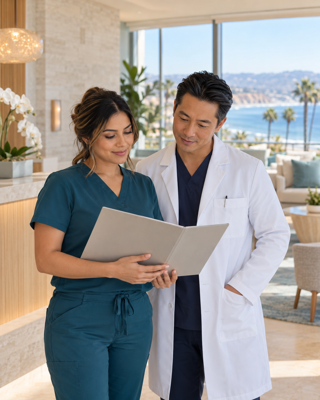 Illustrative medical professionals in a clinical reception setting